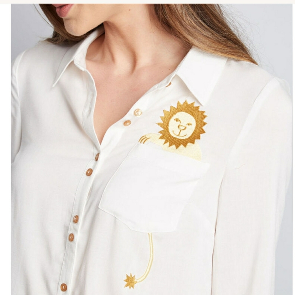 Modcloth Cream Button-Front Blouse with Gold Lion Embroidery